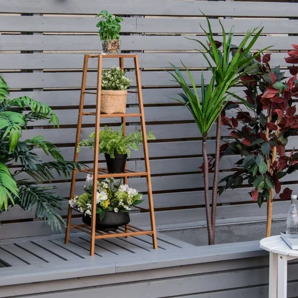 Étagère pour Plantes en Bambou à 4 Niveaux Étagère à Fleurs avec Coussinets Antidérapants pour Intérieur/Extérieur Naturel