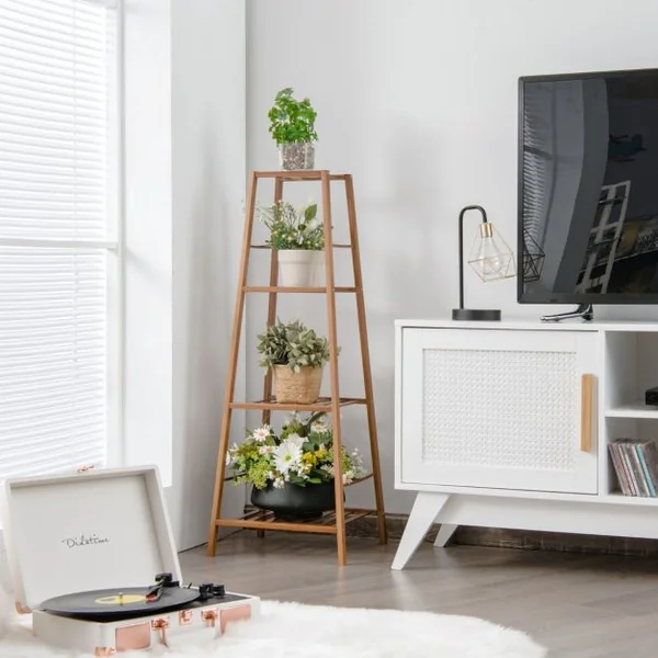 Étagère pour Plantes en Bambou à 4 Niveaux Étagère à Fleurs avec Coussinets Antidérapants pour Intérieur/Extérieur Naturel