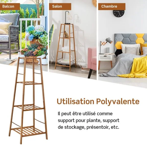 Étagère pour Plantes en Bambou à 4 Niveaux Étagère à Fleurs avec Coussinets Antidérapants pour Intérieur/Extérieur Naturel
