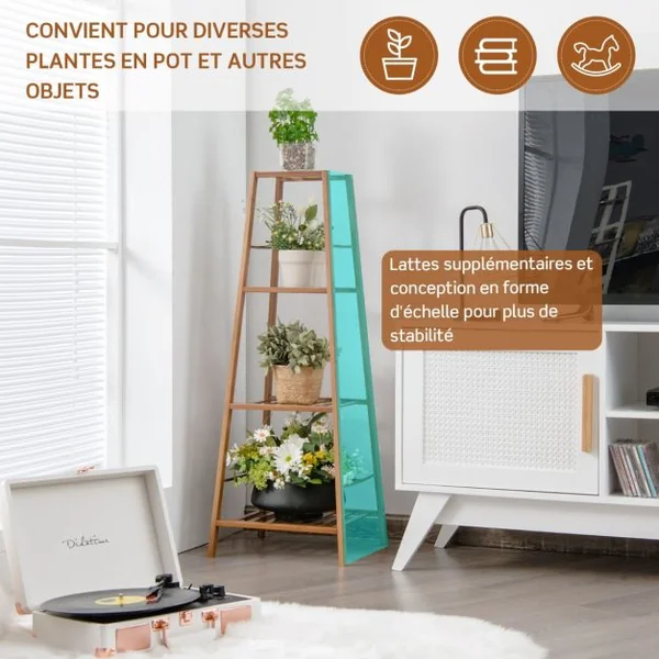 Étagère pour Plantes en Bambou à 4 Niveaux Étagère à Fleurs avec Coussinets Antidérapants pour Intérieur/Extérieur Naturel