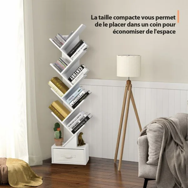 Étagère à 10 Niveaux avec Tiroir Étagère de Rangement Au Sol pour CD DVD et Livres Étagères Utilitaires de Présentation Naturel