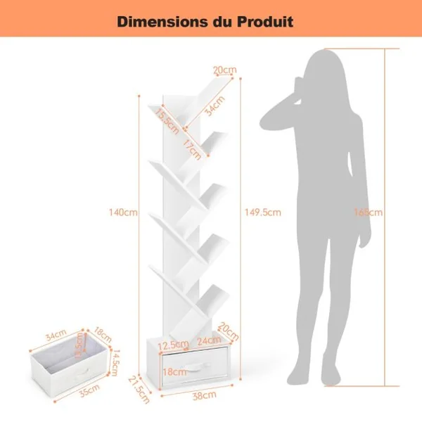 Étagère à 10 Niveaux avec Tiroir Étagère de Rangement Au Sol pour CD DVD et Livres Étagères Utilitaires de Présentation Naturel