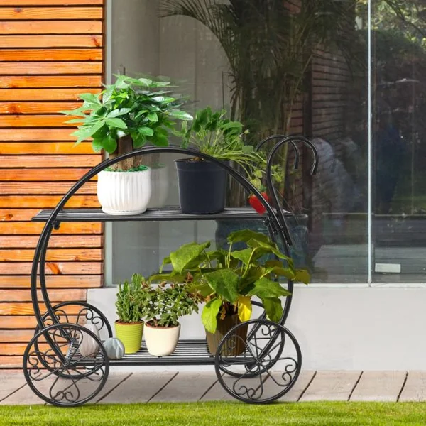 Étagère à Fleurs Fer Forgé à 2 Niveaux 34x66x62,5CM Étagère pour Plantes avec 4 Roues Décoratives pour Balcon Jardin Cour