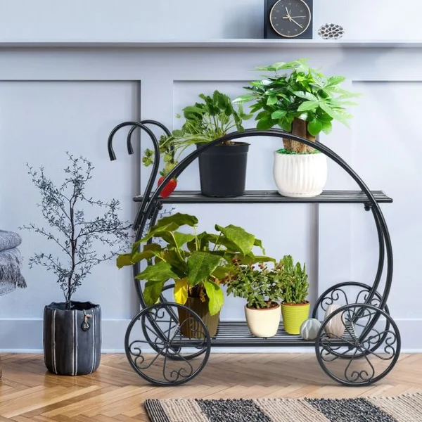 Étagère à Fleurs Fer Forgé à 2 Niveaux 34x66x62,5CM Étagère pour Plantes avec 4 Roues Décoratives pour Balcon Jardin Cour