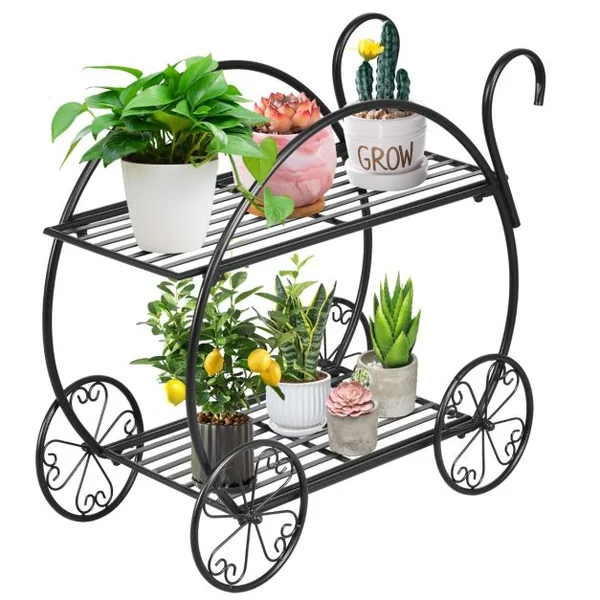 Étagère à Fleurs Fer Forgé à 2 Niveaux 34x66x62,5CM Étagère pour Plantes avec 4 Roues Décoratives pour Balcon Jardin Cour