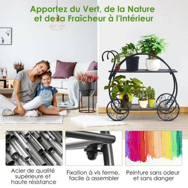 Étagère à Fleurs Fer Forgé à 2 Niveaux 34x66x62,5CM Étagère pour Plantes avec 4 Roues Décoratives pour Balcon Jardin Cour