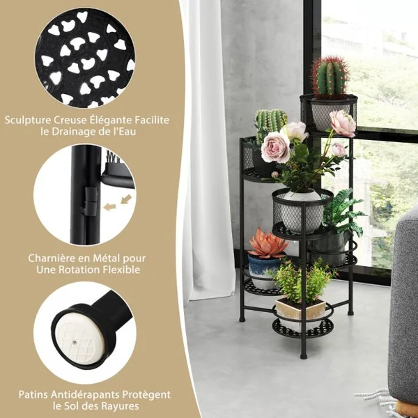 Étagère à Fleurs Pliable en Métal avec 6 Tablettes Porte Plante doré à Angle Réglable pour Intérieur Extérieur Charge 10KG Noir