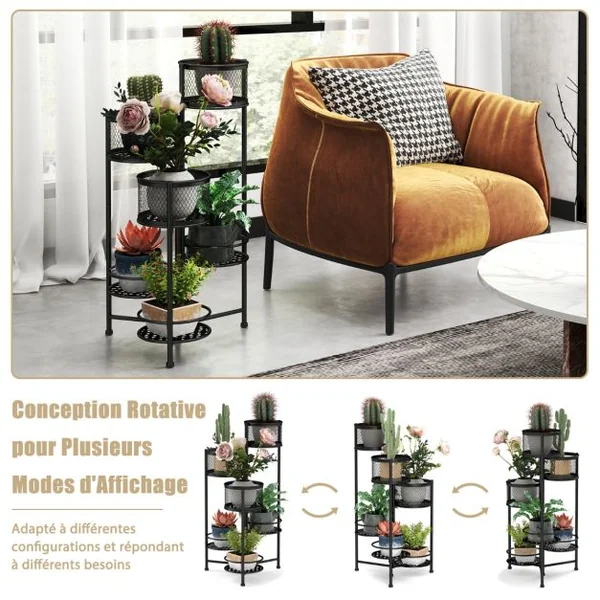 Étagère à Fleurs Pliable en Métal avec 6 Tablettes Porte Plante doré à Angle Réglable pour Intérieur Extérieur Charge 10KG Noir