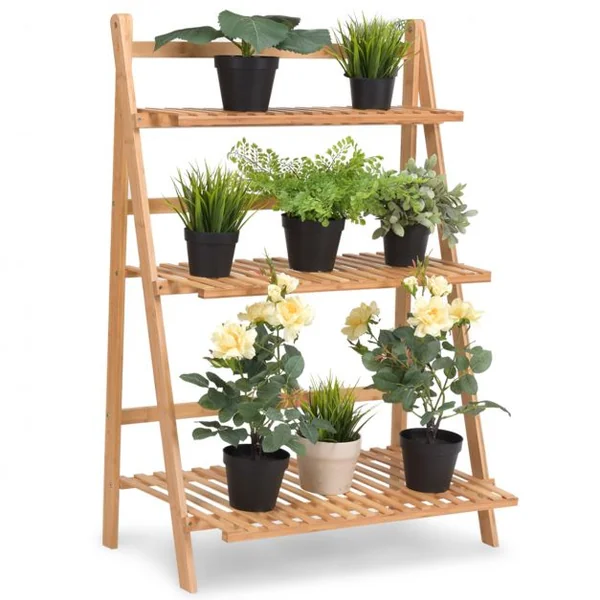 Étagère à Fleurs Porte Pots de Plante Fleurs Étagère à échelle Pliante en Bambou Présentoire de Jardin avec 3 Tablettes 70cm* 40cm * 97cm
