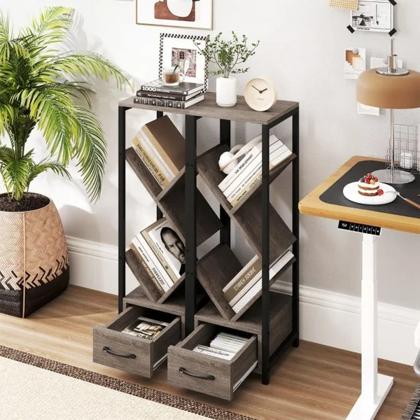 Étagère à Livres en Forme d’Arbre Bibliothèque à 4 Niveaux avec Tiroir Kits Anti-Basculement Cadre en Métal Gris
