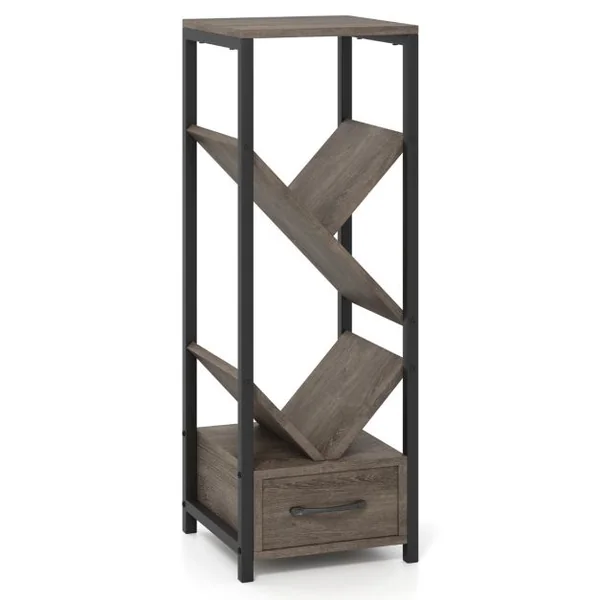 Étagère à Livres en Forme d’Arbre Bibliothèque à 4 Niveaux avec Tiroir Kits Anti-Basculement Cadre en Métal Gris