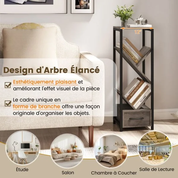 Étagère à Livres en Forme d’Arbre Bibliothèque à 4 Niveaux avec Tiroir Kits Anti-Basculement Cadre en Métal Gris