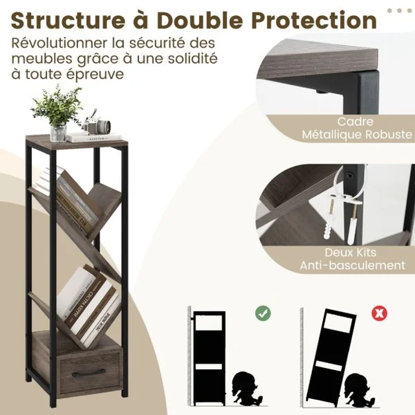 Étagère à Livres en Forme d’Arbre Bibliothèque à 4 Niveaux avec Tiroir Kits Anti-Basculement Cadre en Métal Gris