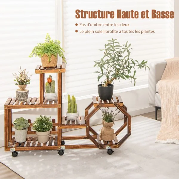 Étagère à Plantes Bois à 6 Niveaux Support Plantes à Roulettes 107 x 29 x 74 cm, Intérieur Extérieur Balcon Jardin