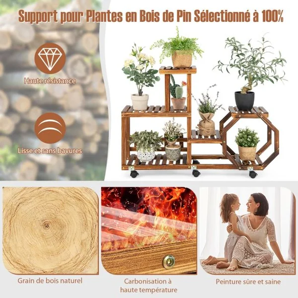 Étagère à Plantes Bois à 6 Niveaux Support Plantes à Roulettes 107 x 29 x 74 cm, Intérieur Extérieur Balcon Jardin