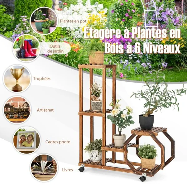 Étagère à Plantes Bois à 6 Niveaux Support Plantes à Roulettes 87,5 x 29 x 103 cm Intérieur Extérieur Balcon Jardin Marron