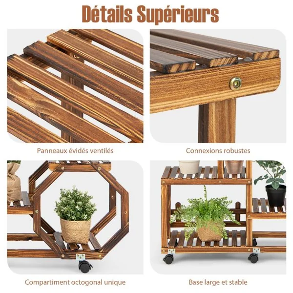 Étagère à Plantes Bois à 8 Niveaux Support Plantes à Roulettes 107 x 26 x 126 cm Intérieur Extérieur Balcon Jardin