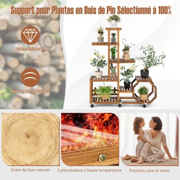 Étagère à Plantes Bois à 8 Niveaux Support Plantes à Roulettes 107 x 26 x 126 cm Intérieur Extérieur Balcon Jardin