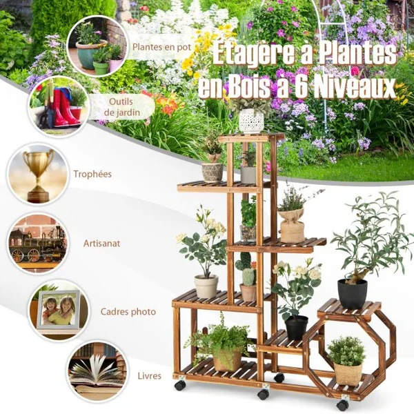 Étagère à Plantes Bois à 8 Niveaux Support Plantes à Roulettes 107 x 26 x 126 cm Intérieur Extérieur Balcon Jardin