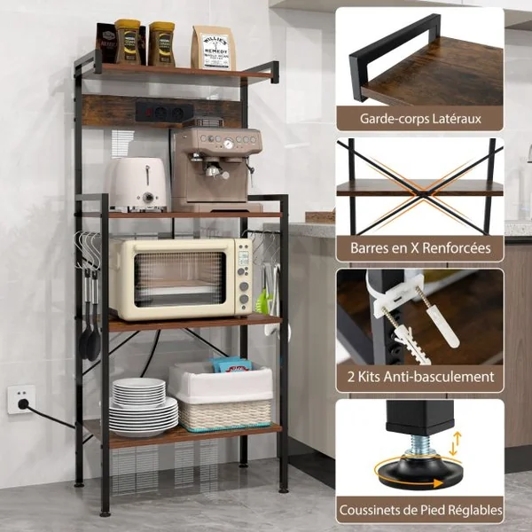 Étagère à Pâtisserie pour Cuisine avec Prises de Courant Support pour Micro-ondes 4 Niveaux avec 8 Crochets en Forme de S Brun Rustique