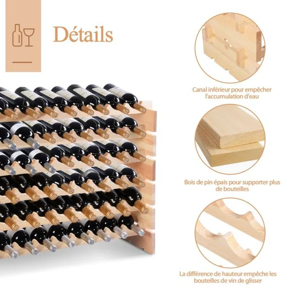 Étagère à Vin Casier à 72 Bouteilles en Bois de Pin Robuste Modulable 119 x 29 x 71,5 CM
