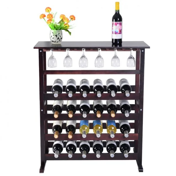 Étagère à vin Casier à vin 24 bouteilles Range bouteille avec 6 supports de verres à pied, 80 x 41 x 90.5 cm, Bordeaux