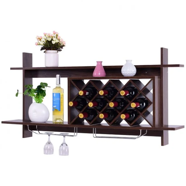 Étagère à Vin Murale Casier à Bouteilles Support de Verres à pied Long avec 2 étages, 120 x 58.5 cm, Marron Foncé