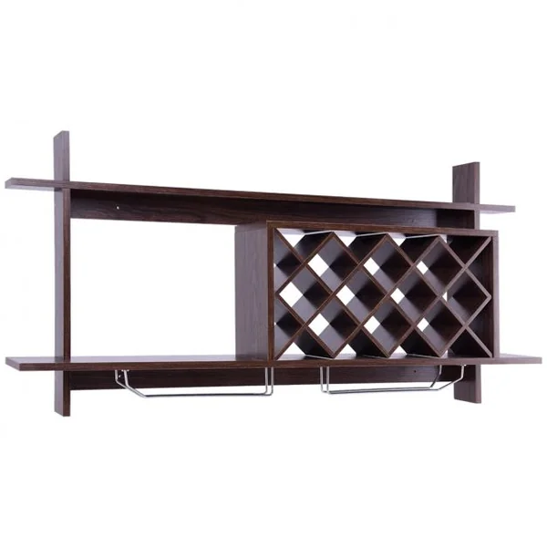 Étagère à Vin Murale Casier à Bouteilles Support de Verres à pied Long avec 2 étages, 120 x 58.5 cm, Marron Foncé