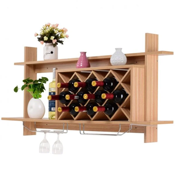 Étagère à Vin Murale Casier à Bouteilles Support de Verres à pied Long avec 2 étages, 120 x 58.5 cm, Marron Foncé
