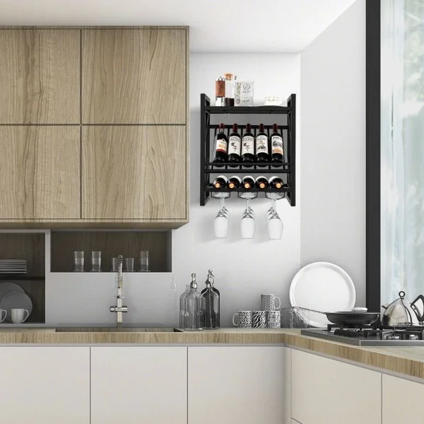 Étagère à vin Murale Industrielle pour 10 Bouteilles avec Porte-Verre à Pied Casier à Bouteilles 3 Niveaux pour Cuisine Bar