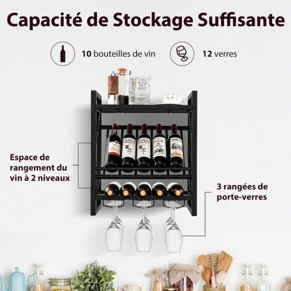 Étagère à vin Murale Industrielle pour 10 Bouteilles avec Porte-Verre à Pied Casier à Bouteilles 3 Niveaux pour Cuisine Bar