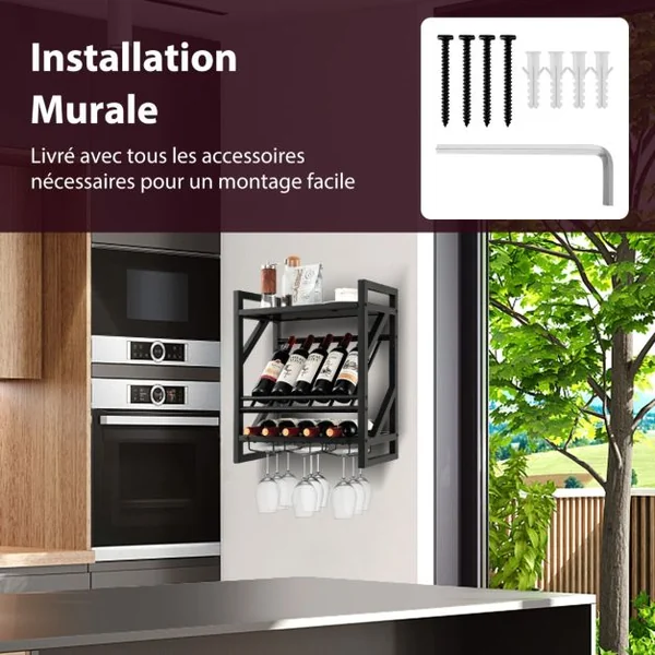 Étagère à vin Murale Industrielle pour 10 Bouteilles avec Porte-Verre à Pied Casier à Bouteilles 3 Niveaux pour Cuisine Bar