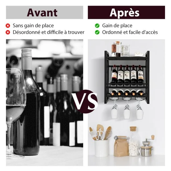 Étagère à vin Murale Industrielle pour 10 Bouteilles avec Porte-Verre à Pied Casier à Bouteilles 3 Niveaux pour Cuisine Bar