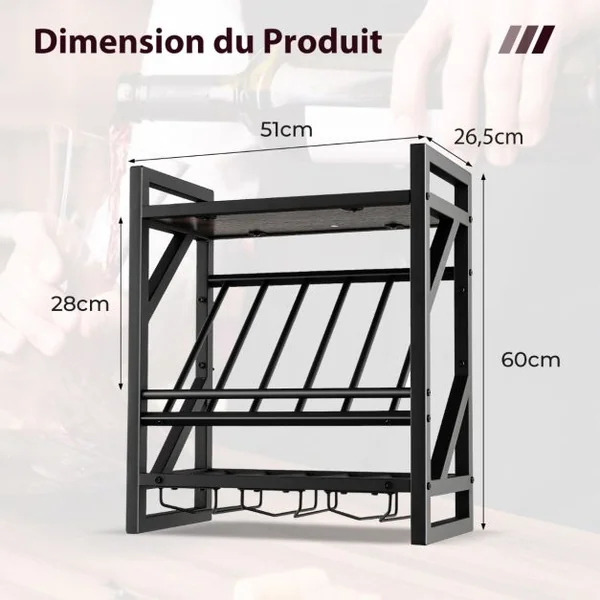 Étagère à vin Murale Industrielle pour 10 Bouteilles avec Porte-Verre à Pied Casier à Bouteilles 3 Niveaux pour Cuisine Bar