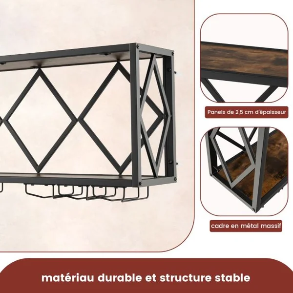 Étagère à vin Murale Industrielle pour 39 Bouteilles avec Porte-Verre à Pied Casier à Bouteilles 2 Niveaux pour Cuisine Bar