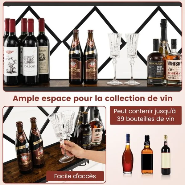 Étagère à vin Murale Industrielle pour 39 Bouteilles avec Porte-Verre à Pied Casier à Bouteilles 2 Niveaux pour Cuisine Bar