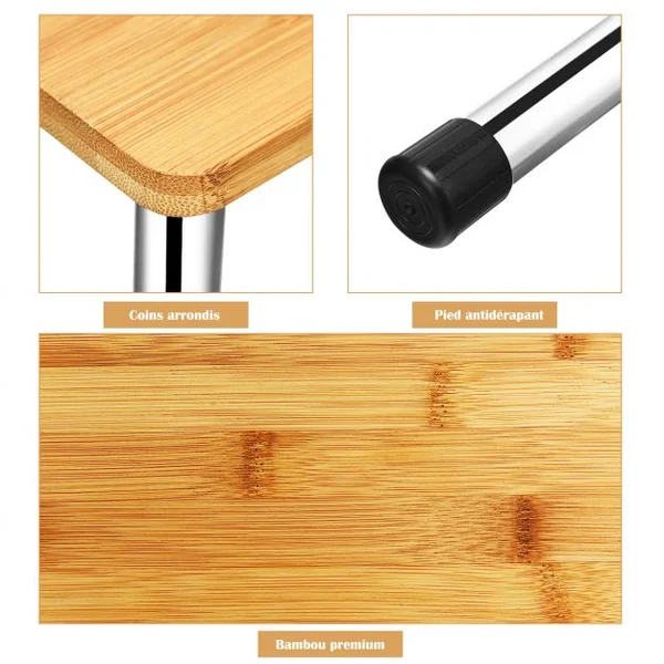 Étagère à Épices avec 2 Niveaux en Bambou et Acier inox Étagère Rangement Rectangle
