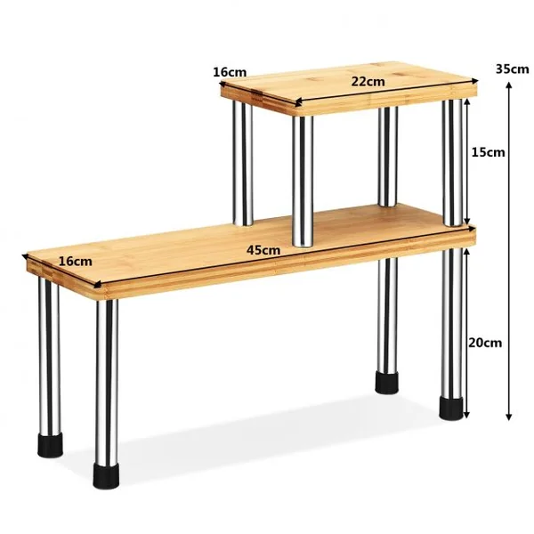 Étagère à Épices avec 2 Niveaux en Bambou et Acier inox Étagère Rangement Rectangle