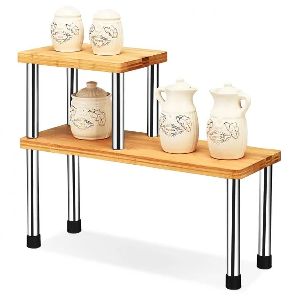 Étagère à Épices avec 2 Niveaux en Bambou et Acier inox Étagère Rangement Rectangle