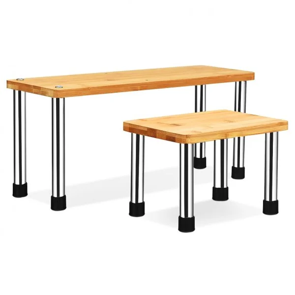 Étagère à Épices avec 2 Niveaux en Bambou et Acier inox Étagère Rangement Rectangle