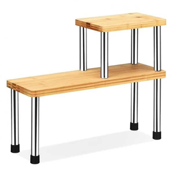 Étagère à Épices avec 2 Niveaux en Bambou et Acier inox Étagère Rangement Rectangle