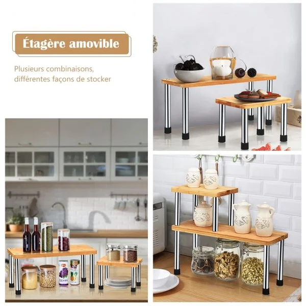 Étagère à Épices avec 2 Niveaux en Bambou et Acier inox Étagère Rangement Rectangle