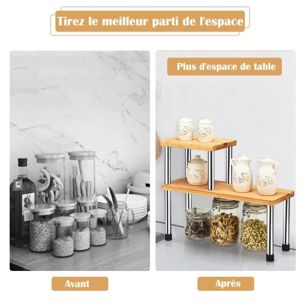 Étagère à Épices avec 2 Niveaux en Bambou et Acier inox Étagère Rangement Rectangle
