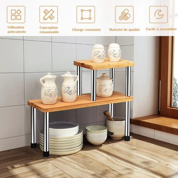 Étagère à Épices avec 2 Niveaux en Bambou et Acier inox Étagère Rangement Rectangle