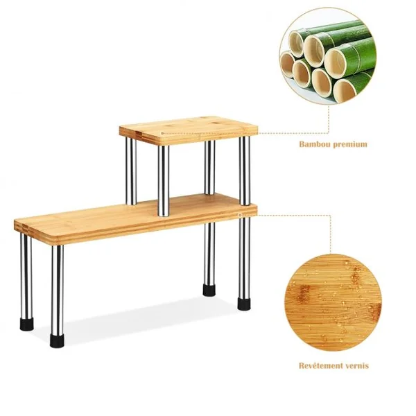 Étagère à Épices avec 2 Niveaux en Bambou et Acier inox Étagère Rangement Rectangle