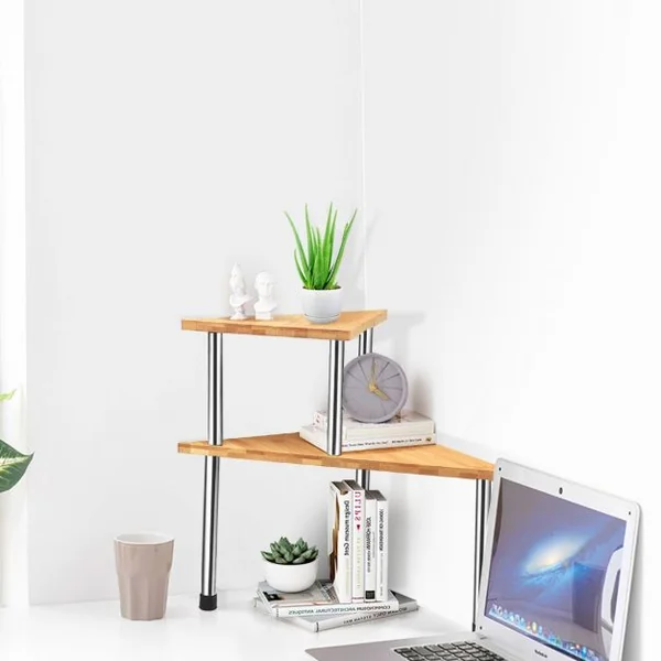 Étagère à Épices avec 2 Niveaux en Bambou et Acier inox Étagère Rangement Triangle
