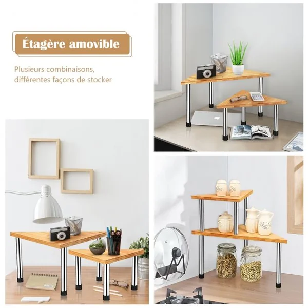 Étagère à Épices avec 2 Niveaux en Bambou et Acier inox Étagère Rangement Triangle