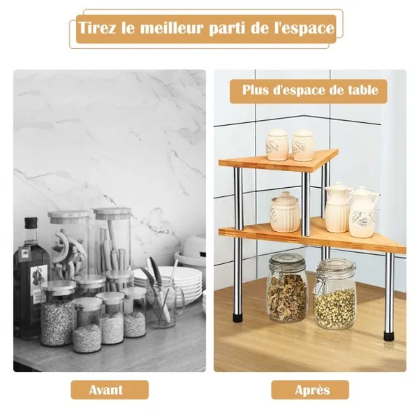 Étagère à Épices avec 2 Niveaux en Bambou et Acier inox Étagère Rangement Triangle