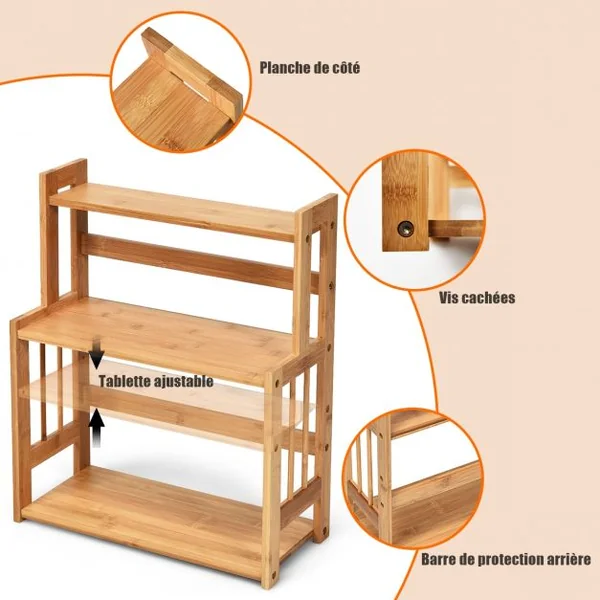 Étagère à Épices Porte-Épices à 3 Niveaux Hauteur Réglable en Bambou Grande Capacité de Stockage Naturel