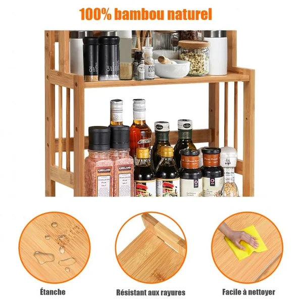 Étagère à Épices Porte-Épices à 3 Niveaux Hauteur Réglable en Bambou Grande Capacité de Stockage Naturel